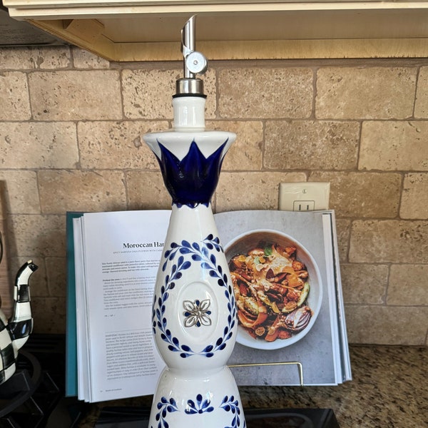Handcrafted Ceramic Oil Dispenser Repurposed Clase Azul Tequila bottle.