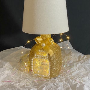 Bedazzled With Glitter Upcycled Patron Tequila Bottle Lamp with LEDs lights handmade (GOLD)