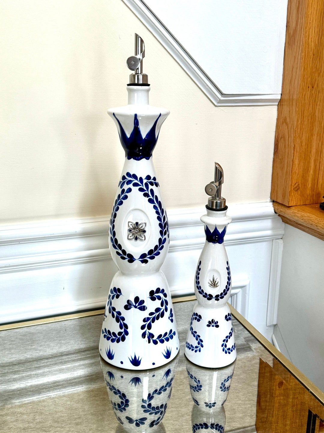 Two Handcrafted Oil Dispensers From Repurposed Clase Azul