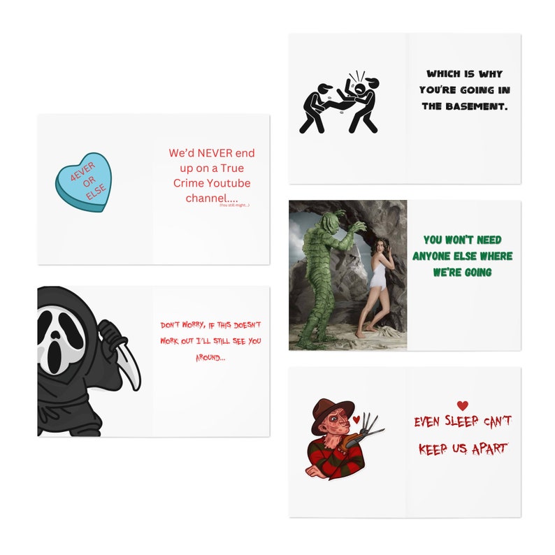 Set of 5 Horrorthemed Valentine's Day Greeting Cards With Envelopes