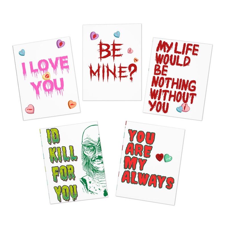 Set of 5 Horrorthemed Valentine's Day Greeting Cards With Envelopes