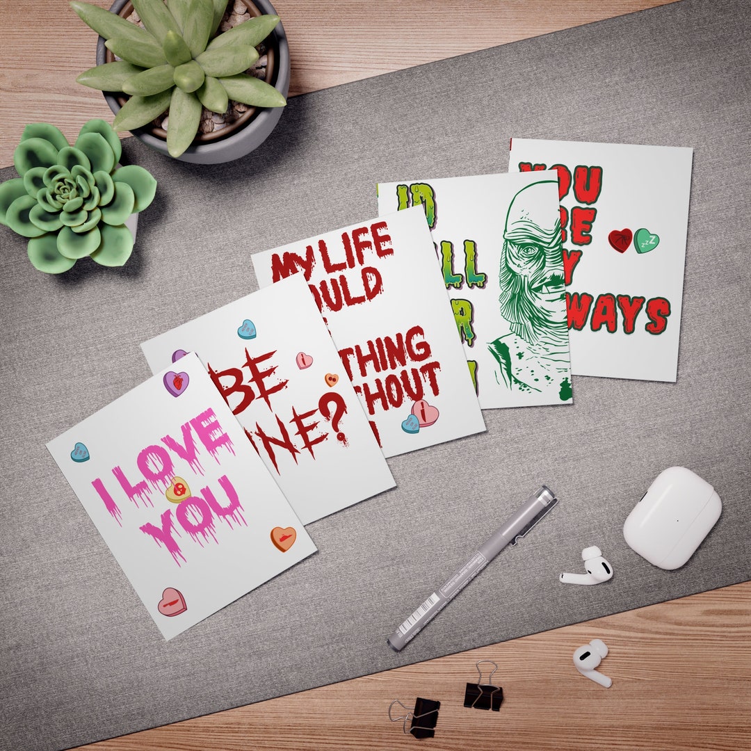 Set of 5 Horrorthemed Valentine's Day Greeting Cards With Envelopes