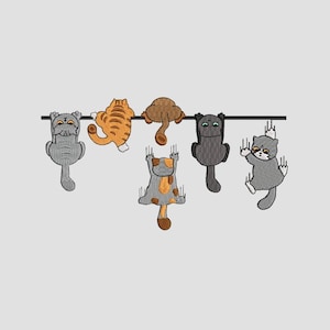 May include: An embroidered design featuring six cartoon cats hanging from a black horizontal line. The cats are in various colors, including gray, orange, brown, and black, with detailed facial features and paw markings. The design is set against a plain, light gray background.