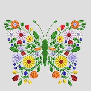 May include: An embroidery design of a butterfly composed of various colorful flowers and green leaves. The butterfly features a central green body with symmetrical wings filled with yellow, orange, red, white, and purple floral elements.