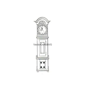 May include: Black and white line art illustration of a grandfather clock. The clock features a detailed face with Roman numerals, a long body, and a decorative top. The text "VectorCraftsSVG" is visible.