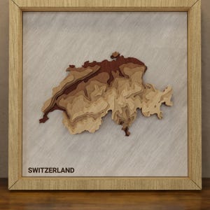Puede incluir: Un cuadro cuadrado con un mapa topográfico de madera en capas de Suiza. El mapa muestra varios tonos de madera marrón sobre un fondo plateado cepillado. La palabra SWITZERLAND está impresa en color negro en la esquina inferior izquierda.