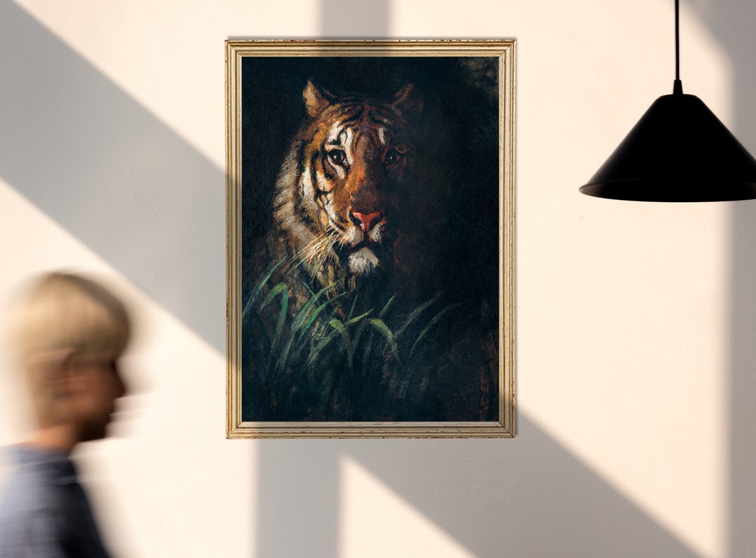 Vintage Animal Portrait Prowling Tiger Vintage Oil Painting Circa 1849