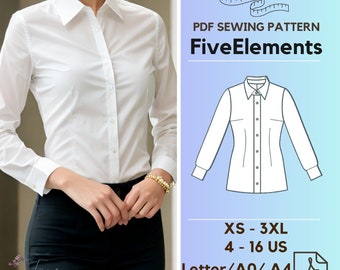 Women Casual Long Sleeve Blouse PDF Sewing Pattern Simple Office Shirt PDF Pattern