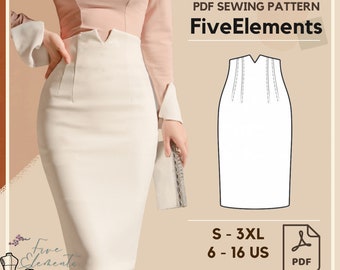 Women High Waist Skirt PDF Sewing Pattern Simple Pencil Skirt PDF Pattern Slim Fit Casual Skirt