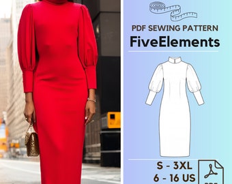 Puff Sleeve Dress PDF Sewing Pattern Women Wedding Guest Dress Pattern Long Casual Dress