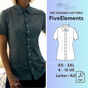 Short Sleeve Blouse PDF Sewing Pattern Button Up Shirt PDF Pattern Collar Blouse PDF