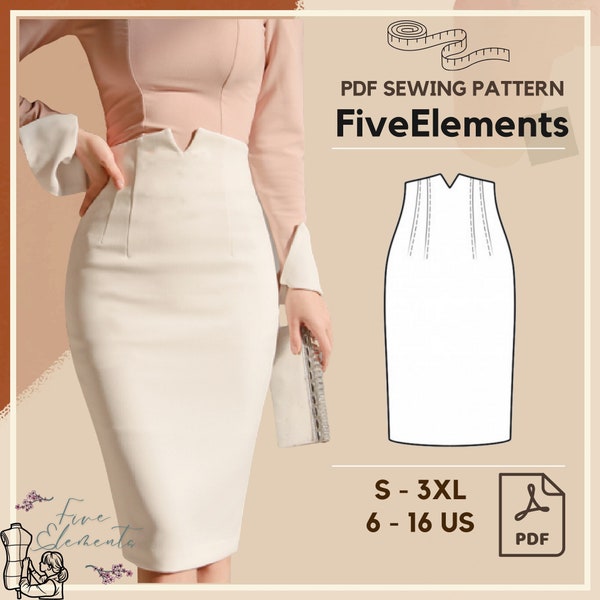 Women High Waist Skirt PDF Sewing Pattern Simple Pencil Skirt PDF Pattern Slim Fit Casual Skirt