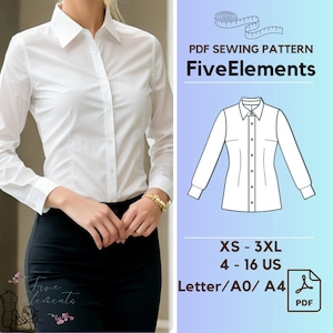 Women Casual Long Sleeve Blouse PDF Sewing Pattern Simple Office Shirt PDF Pattern