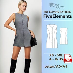 Patrón de costura de vestido mini de verano con botones Patrón de vestido de fiesta en PDF Patrón de vestido babydoll Patrón de costura digital en PDF para vestido con botones en la parte delantera