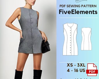 Button Down Summer Mini Dress Sewing Pattern Party Dress PDF Babydoll Dress Pattern Button Front Dress Digital PDF Sewing Pattern