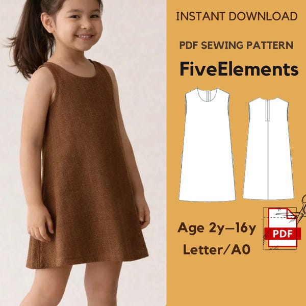 Girls A-Line Dress PDF Sewing Pattern | Sleeveless Kids Dress Pattern | Simple Shift Dress | Age 2–16 | Instant Download