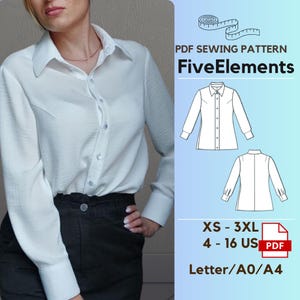 Patrón de costura de blusa de algodón tejida para mujer Patrón PDF de camisa casual de manga larga Patrón digital simple