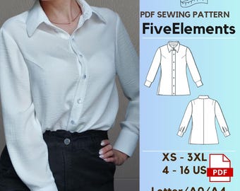 Frauen gewebte Baumwolle Bluse Schnittmuster Langarm Freizeit-Shirt PDF-Muster Einfache Digitales Muster