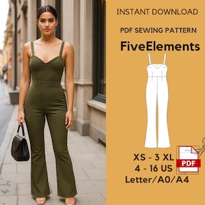May include: An olive green jumpsuit with a sweetheart neckline and flared legs. The image includes a PDF sewing pattern with the text "FiveElements" and size details: XS - 3 XL, 4 - 16 US, Letter/A0/A4.