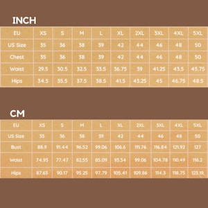 May include: A size chart in a warm brown hue, displaying measurements in inches and centimeters. The chart includes EU, US sizes, chest, waist, and hip measurements, ranging from XS to 5XL.