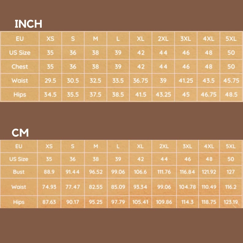 May include: A size chart in a warm brown hue, displaying measurements in inches and centimeters. The chart includes EU, US sizes, chest, waist, and hip measurements, ranging from XS to 5XL.