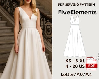 Patrón de costura para vestido de novia con escote en V / Vestido elegante de corte A en PDF / Vestido de noche sin mangas / Patrón de vestido de cóctel / Descarga digital