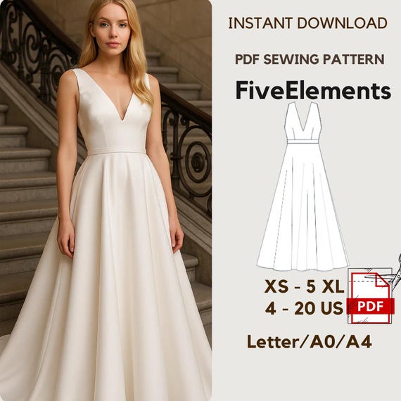 V Neck Wedding Dress Sewing Pattern | Elegant A-Line Gown PDF | Sleeveless  Evening Dress | Cocktail Dress Pattern | Digital Download