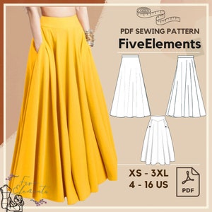 Dames maxirok PDF-naaipatroonbundel Hoge taille rok PDF-patroonbundel Set van 3