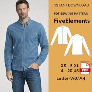May include: A light blue denim shirt with a zipper closure, worn with blue jeans. The image also includes a PDF sewing pattern with the text "FiveElements" and size options from XS to 5XL, and US sizes 4-20.