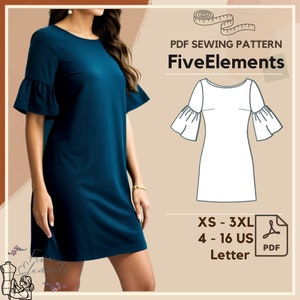 Women Linen Dress Flare Sleeve PDF Sewing Pattern A-Line Dress PDF Casual Dress Pattern