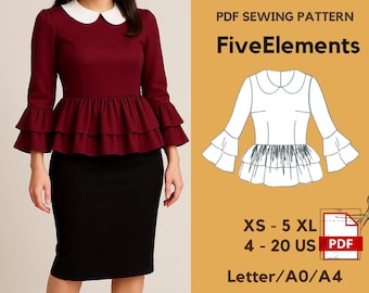Patrón de costura para blusa con volantes / Blusa con cuello Peter Pan y mangas con doble volante / Patrón de costura en PDF para mujer / Tallas XS a 5XL / Tamaños A0, A4 y Carta
