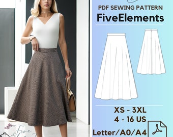 Women Linen Skirt PDF Sewing Pattern Long Wool Skirt Sewing