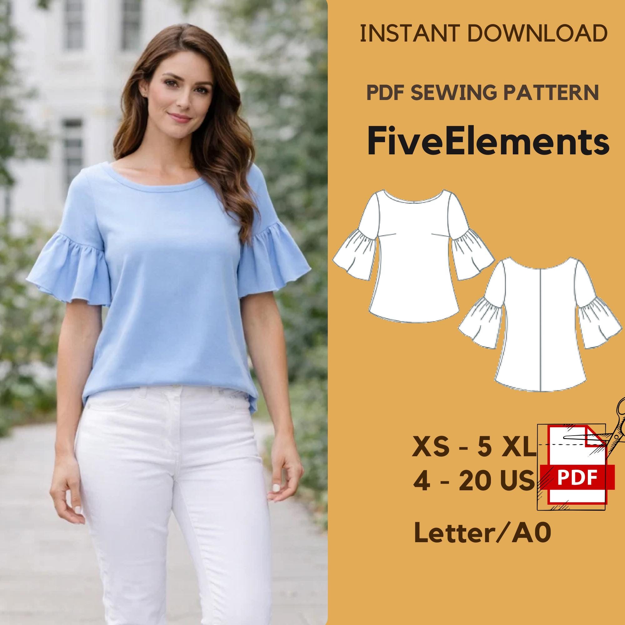 Women Blouse Sewing Pattern PDF | Flutter Sleeve Top Pattern | Casual ...
