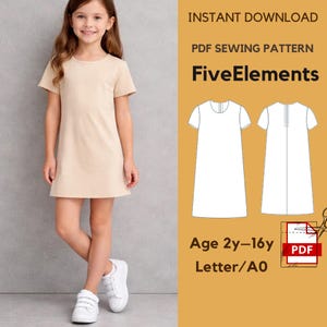 May include: A young girl wearing a beige, short-sleeved dress. The image also features a PDF sewing pattern with the text "FiveElements" and the age range "2y-16y". The pattern is for a dress.