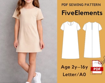 Girls Dress Sewing Pattern PDF | Kids T-Shirt Dress Pattern | Back Zipper Dress | Age 2–16 | A0 Letter | Easy Dress Pattern