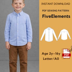 May include: A young child wearing a light blue striped button-down shirt and brown pants. The image includes a PDF sewing pattern with the text "FiveElements" and "Age 2y-16y".