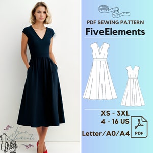 Pode incluir: Um padrão de costura PDF para um vestido, chamado "Five Elements", com decote em V, mangas curtas e bolsos. O padrão está disponível nos tamanhos XS-3XL (tamanhos portugueses 34-48) e vem nos tamanhos Letter, A0 e A4.