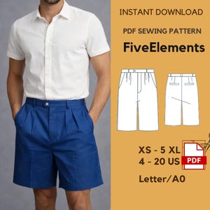 Puede incluir: Una persona con una camisa blanca de manga corta y pantalones cortos azules. Los pantalones cortos tienen pliegues y cierre de botón. La imagen incluye un patrón de costura PDF con el texto "FiveElements".