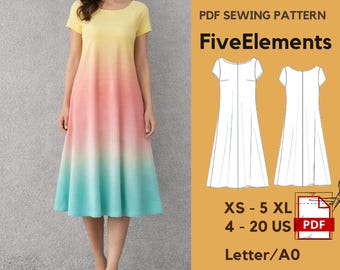 Women Midi Dress Sewing Pattern PDF | A-Line Dress Pattern | Short Sleeve Dress Pattern | Summer Dress Pattern | XS–5XL US 4–20 | A0 Letter