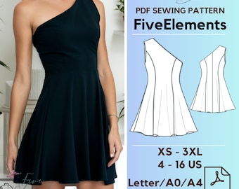 One Shoulder Circle Dress PDF Pattern Ruffle Short Dress Sewing Pattern Casual Dress