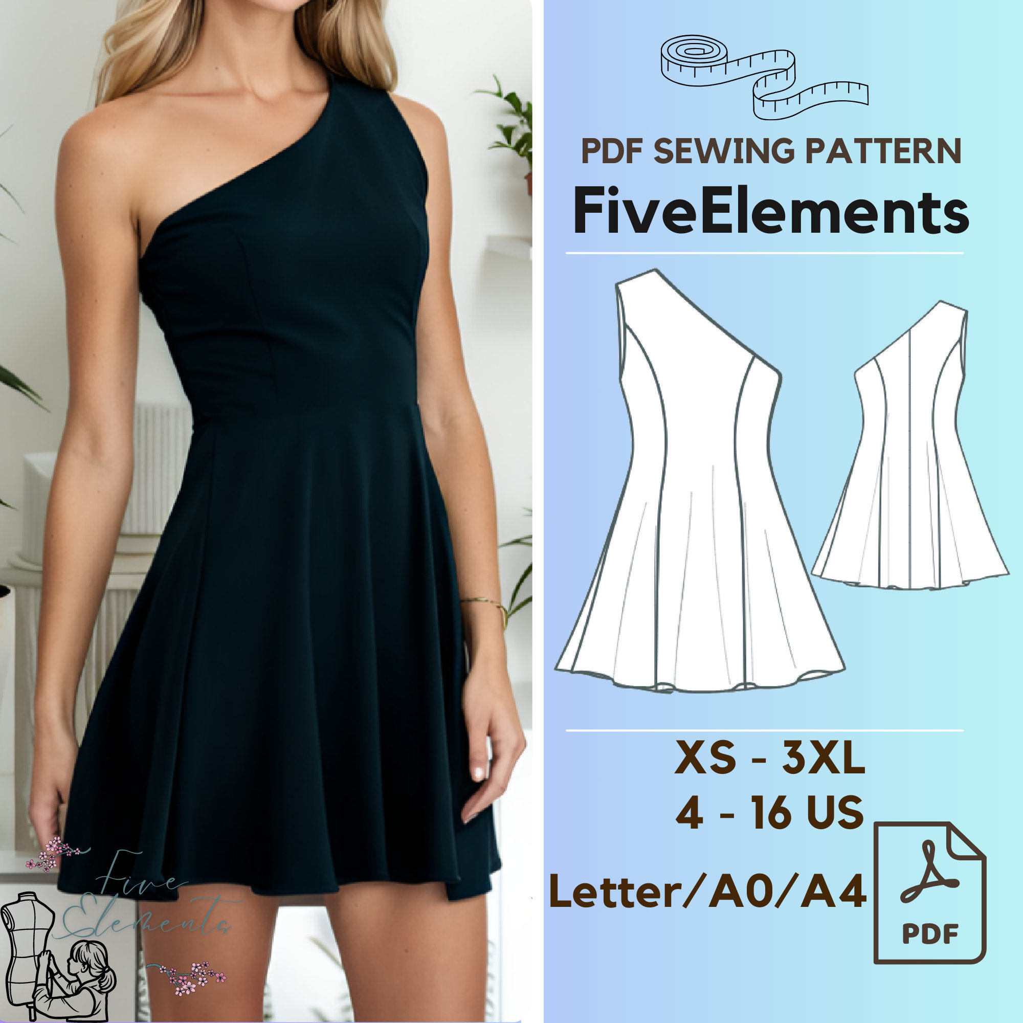 one-shoulder-circle-dress-pdf-pattern-ruffle-short-dress-sewing-pattern-casual-dress-etsy