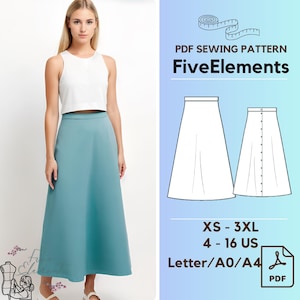 Puede incluir: Un patrón de costura PDF para una falda, llamado "Five Elements". El patrón está disponible en tallas XS a 3XL (tallas españolas 34 a 48) y viene en tamaños Letter, A0 y A4. El patrón se muestra en una modelo que lleva una falda turquesa.