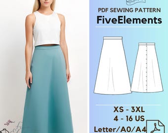 Button Down Long Skirt PDF Pattern Pink Casual Skirt Sewing Pattern Midi Skirt Pattern
