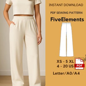 Op de afbeelding: Crèmekleurige tweedelige outfit, bestaande uit een crop top en een broek met wijde pijpen. De afbeelding bevat ook een witte lijntekening van een broek en de tekst "INSTANT DOWNLOAD PDF SEWING PATTERN FiveElements XS - 5 XL 4 - 20 US PDF Letter/A0/A4."