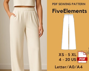 Weites Bein Lounge Hose Schnittmuster | Elastische Taillenhose PDF | Einfach nähen Hose | XS–5XL | Sommer Hose