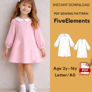 Puede incluir: Una niña con un vestido rosa con cuello blanco y mangas largas. El vestido tiene una falda acampanada. La imagen también muestra un patrón de costura PDF con el texto "FiveElements" y "Age 2y-16y".