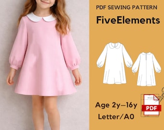 Girls Peter Pan Collar Dress Sewing Pattern PDF | Long Sleeve A-Line Dress | Kids Elegant Dress Pattern 2–16 Years | A0 Letter