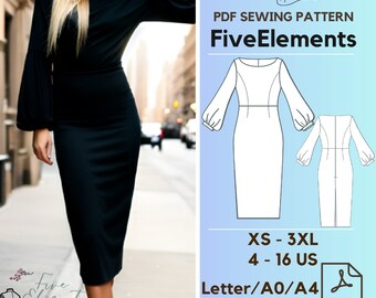 Patrón de costura en PDF para vestido de mujer con mangas abullonadas, vestido largo de dama de honor para invitada de boda.