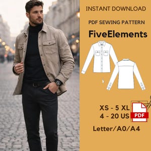 May include: A man wearing a tan shirt jacket, black turtleneck, and black pants. The image includes a PDF sewing pattern with the text "FiveElements" and size options from XS to 5XL, and US sizes 4-20.