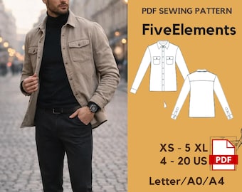 Herren Hemd Jacke PDF Schnittmuster | Langarm-Shirt | Knopfleiste Herrenhemd | XS–5XL | A4 Letter A0 | Sofort Download